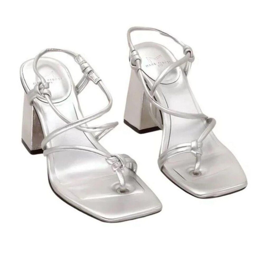 NWOT Marc Fisher Silver Giada Square Toe Leather Strappy Heeled Sandals Sz 9.5